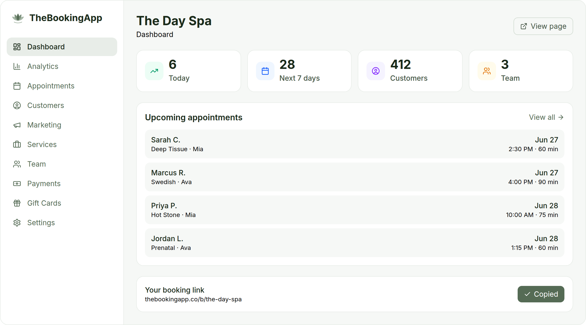 TheBookingApp owner dashboard showing today's appointments, stats, and booking link