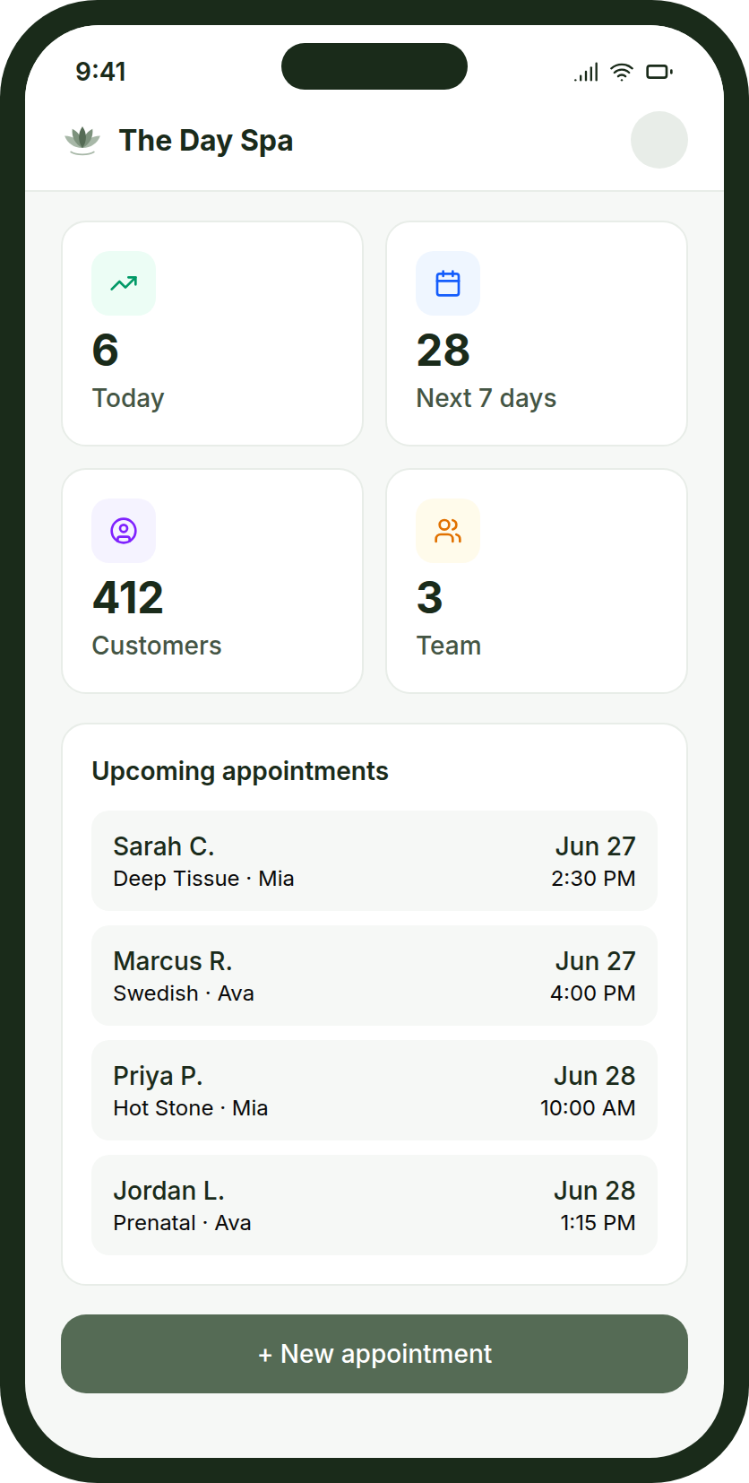 TheBookingApp owner dashboard on a phone